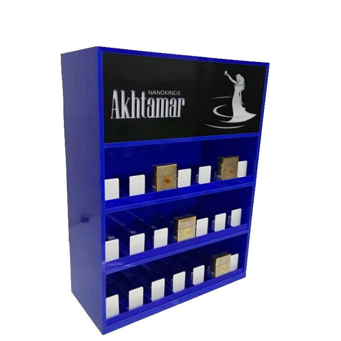 China 3-Layer Blue Acrylic Counter Top Cigarette Display Unit Fixture For Sale Manufacturer China 3-Layer Blue Acrylic Counter Top Cigarette Display Unit Fixture For Sale Manufacturer